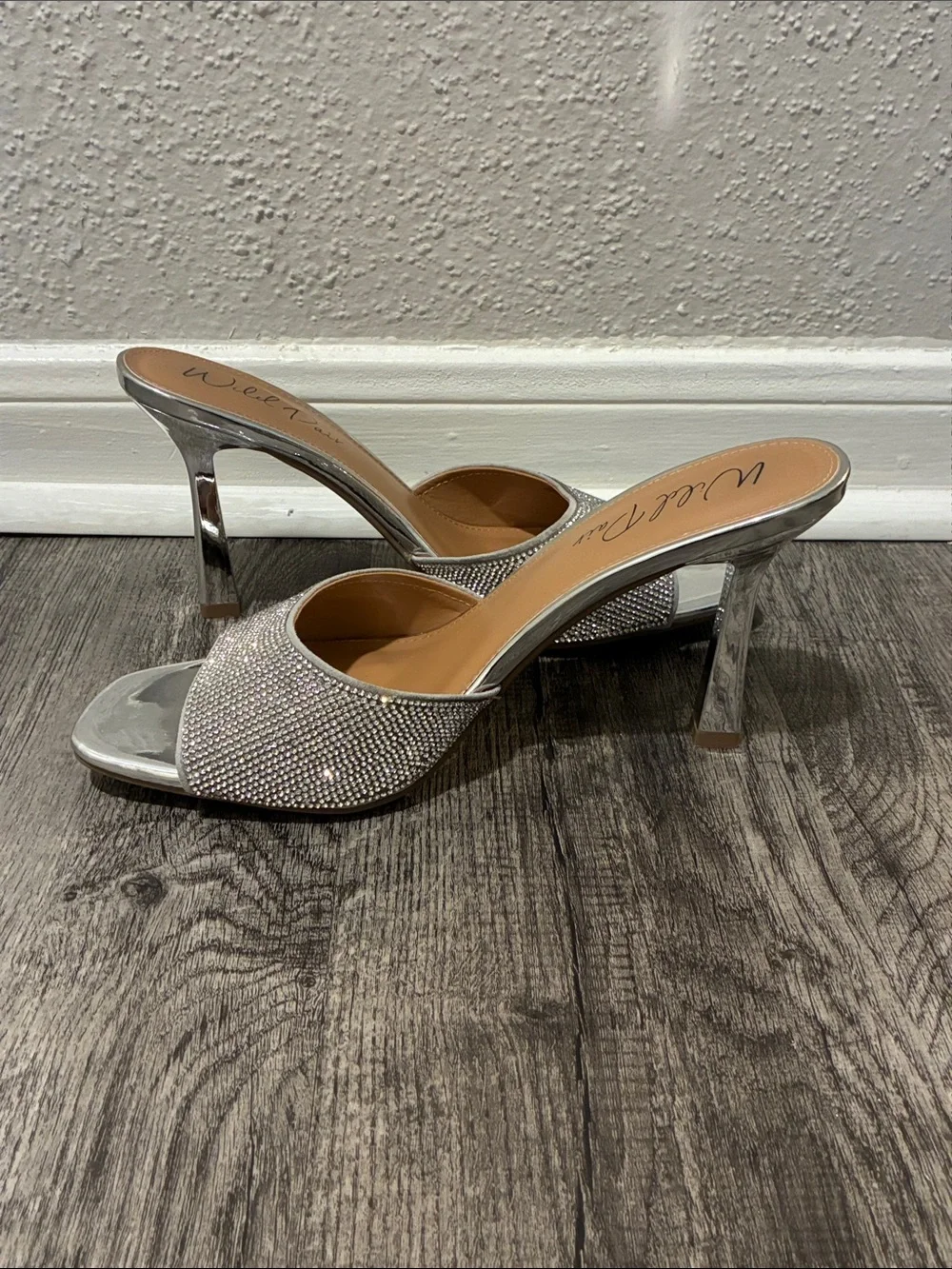 Wild Pair Silver Rhinestone Slide Mules - Picture 7 of 11